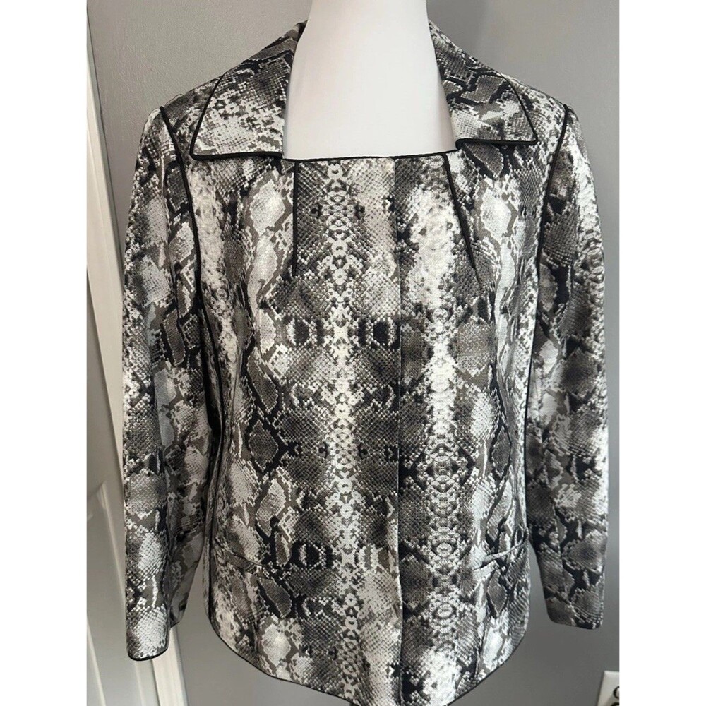 Linea by Louis Dell'Olio Black White Animal Print Jacket Snap Close Blazer Sz L